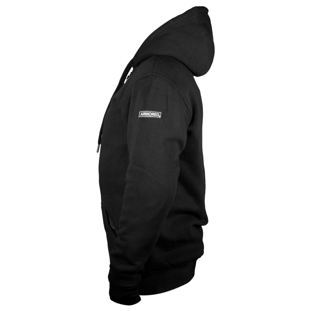 Side view of a black armored hoodie that is the perfect riding hoodie