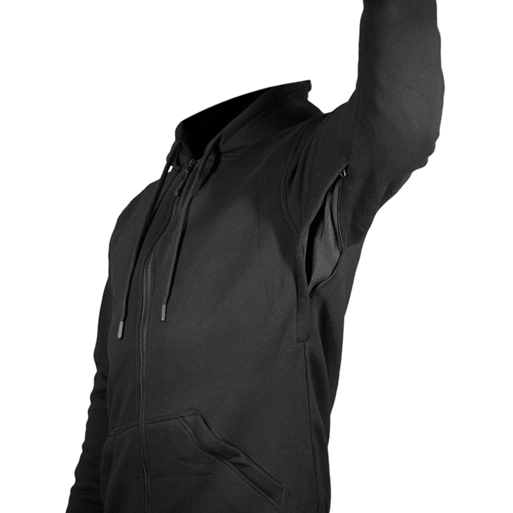 Armored hoodie in black showing the functional airflow system under the arms when closed