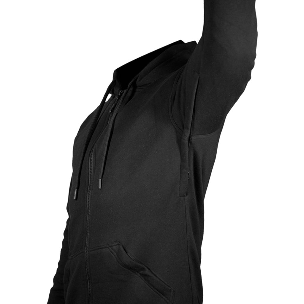 Black armored hoodie showing the functional airflow system under the arms when closed