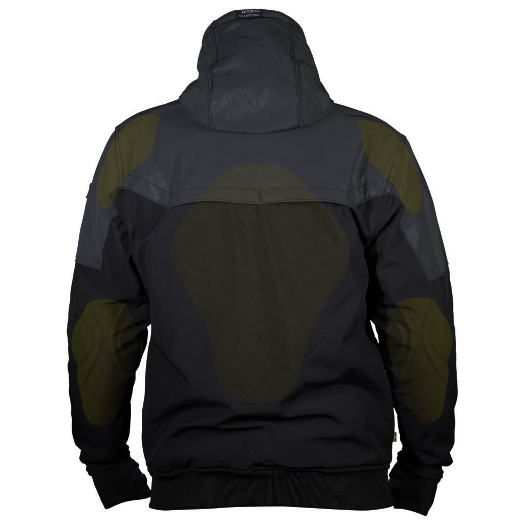 The back of the armored reflective jacket in the color black on black outlining where the protective pads are located