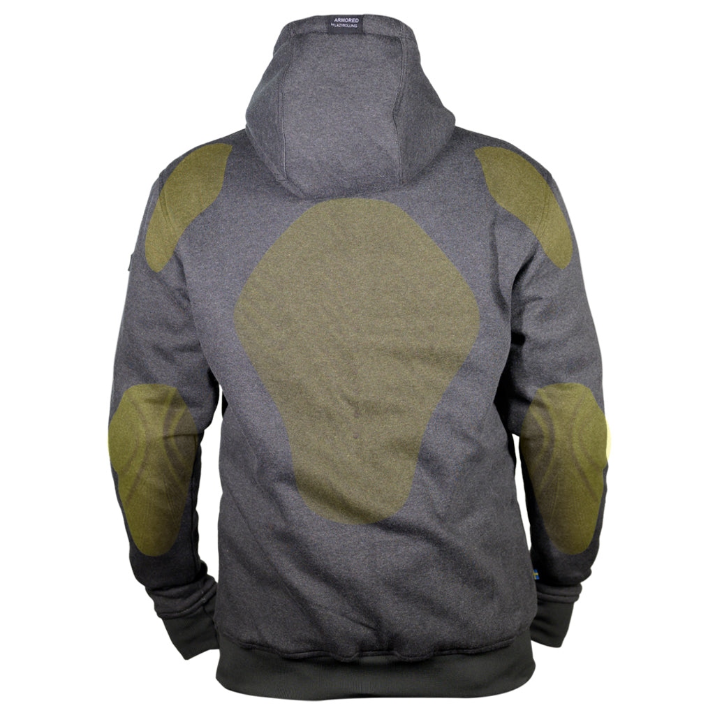 The back of a motorcycle hoodie with armor showing where the protective pads are located