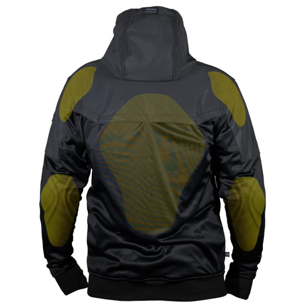 Back of the armored reflective performance hoodie in the color black on black outlining where the protective pads are located