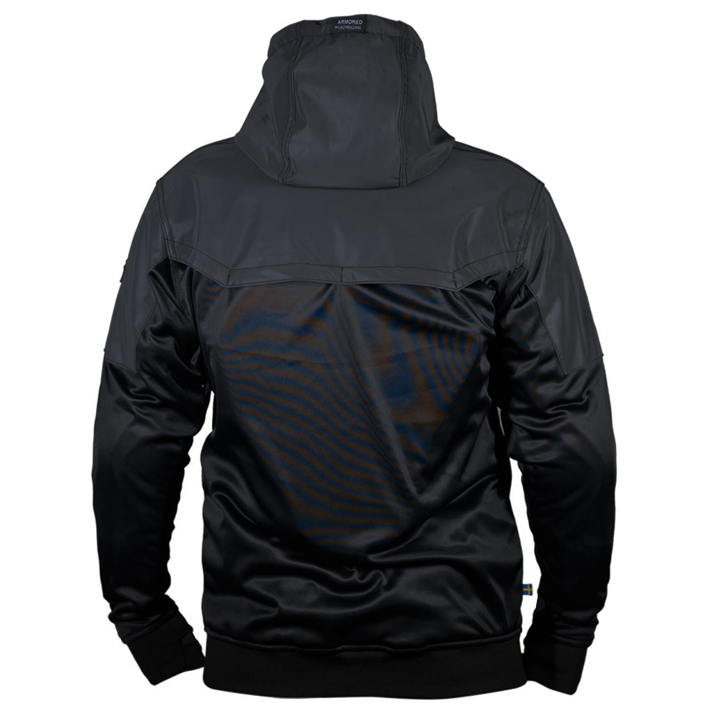 The back of the armored reflective performance hoodie in the color black on black