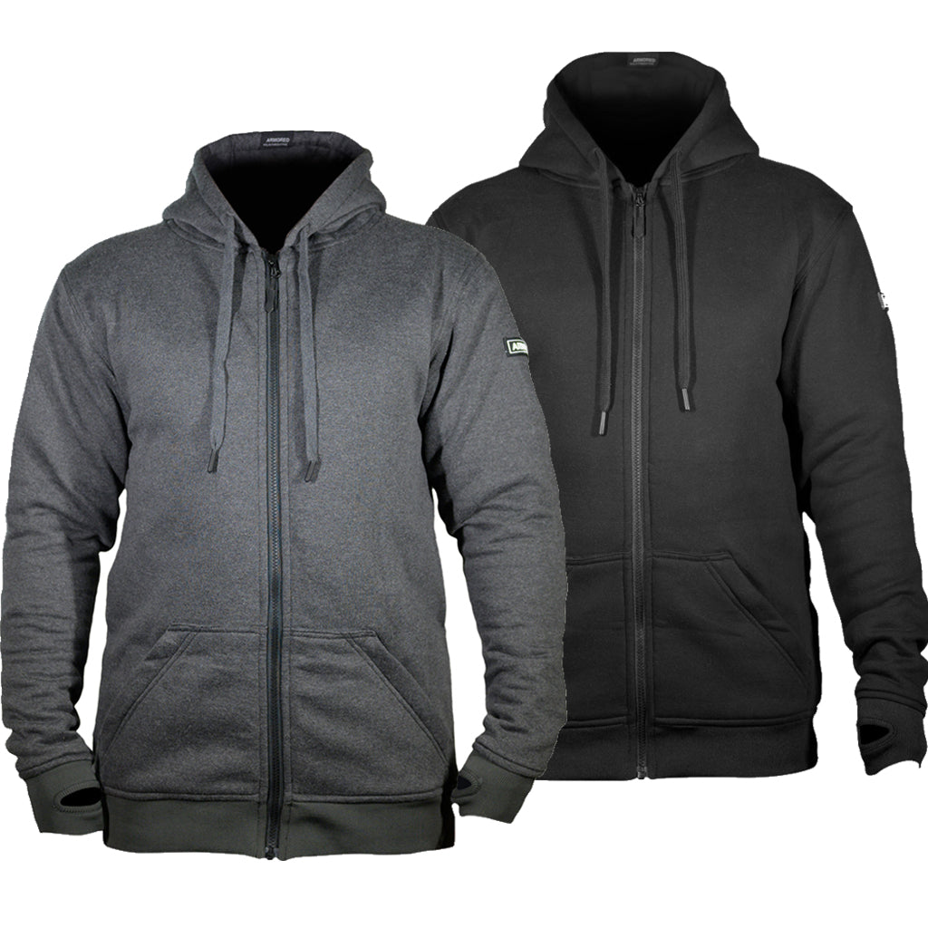 Front view of two armored hoodies in the colors grey and black