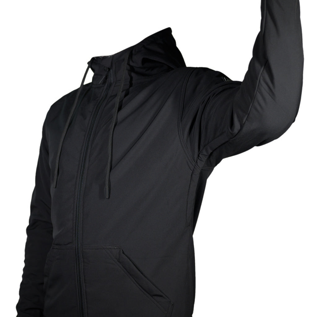 Black armored jacket showing the functional airflow system under the arms when closed