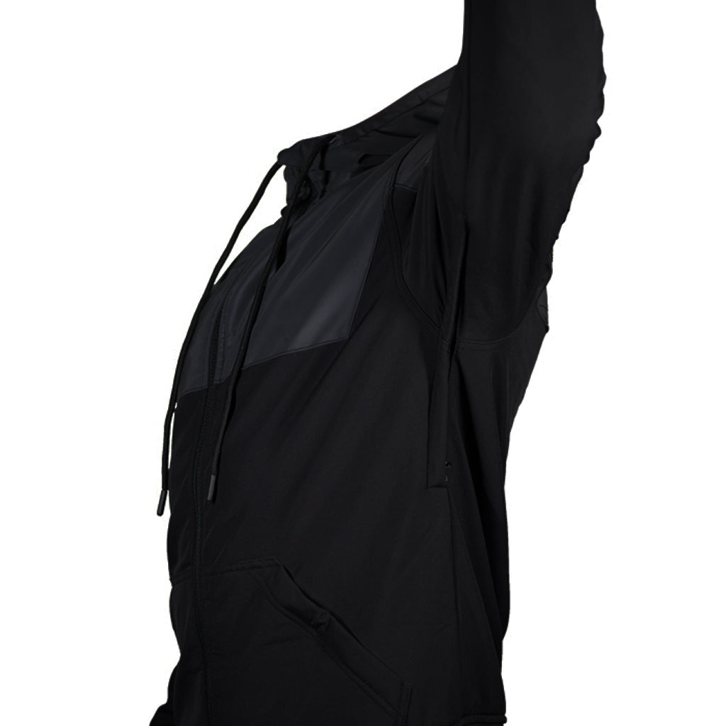 The black on black armored reflective jacket showing the airflow zipper under the arm when closed