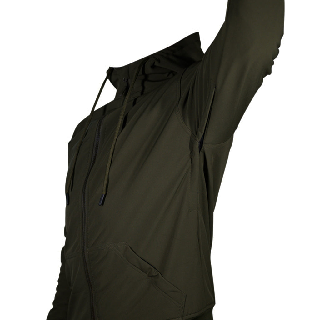 Green armored jacket showing the functional airflow system under the arms when closed