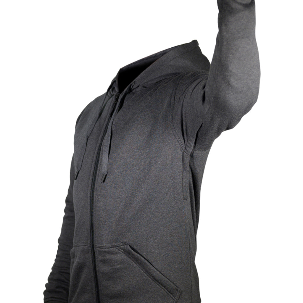 Grey armored hoodie showing the functional airflow system under the arms when closed