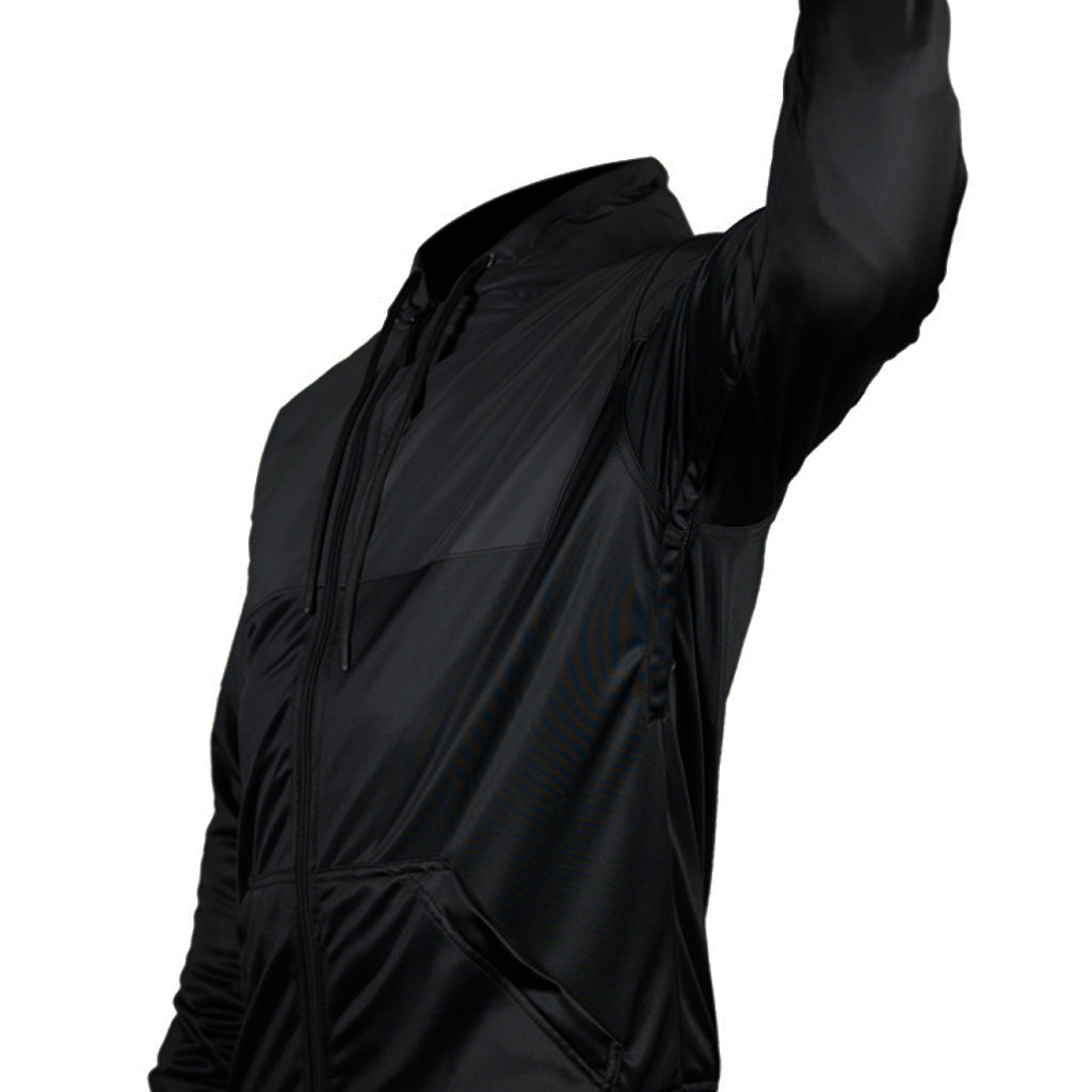 The black on black armored reflective performance hoodie showing the airflow zipper under the arm when closed