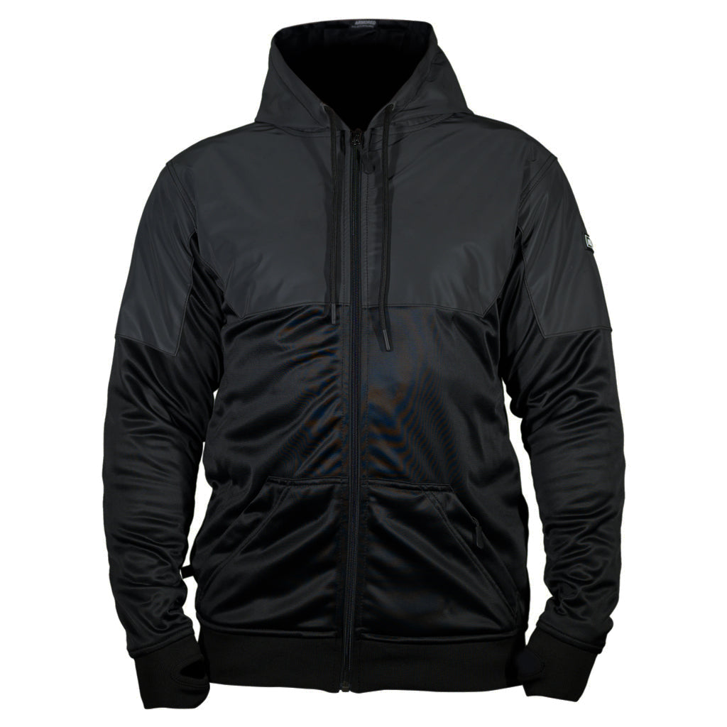 The armored reflective performance hoodie by Lazyrolling with the color black on black