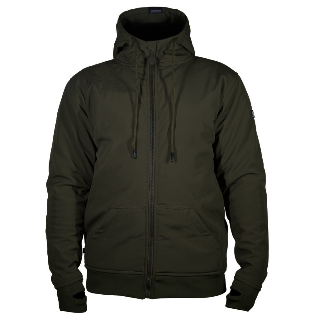 The front of a motorcycle jacket with armor in the color green