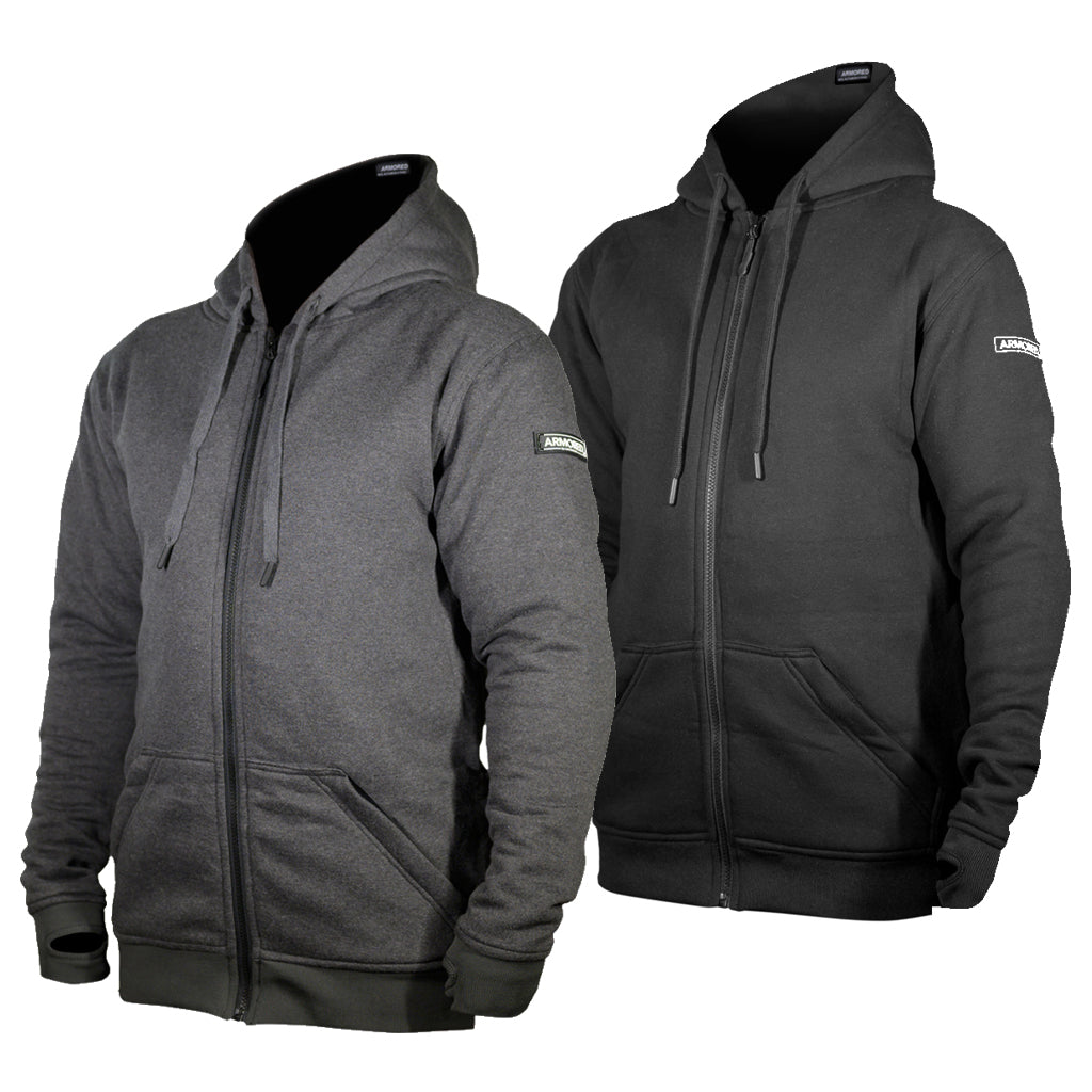 Two armored hoodies in grey and black