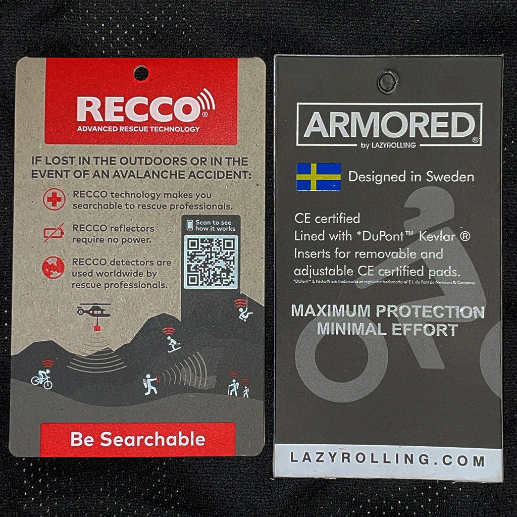 The black on black armored reflective performance hoodie is CE certified and equipped with RECCO® technology to make you searchable to rescue professionals