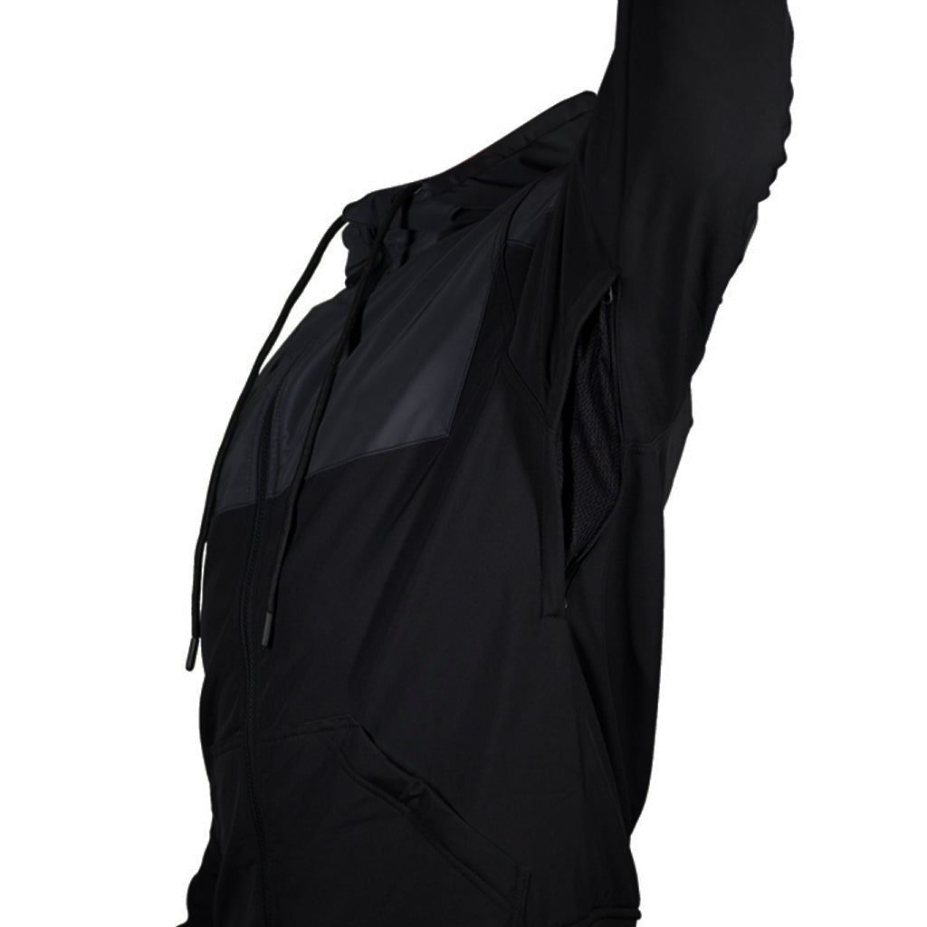 The armored reflective jacket with the color black on black showing the airflow zipper under the arm