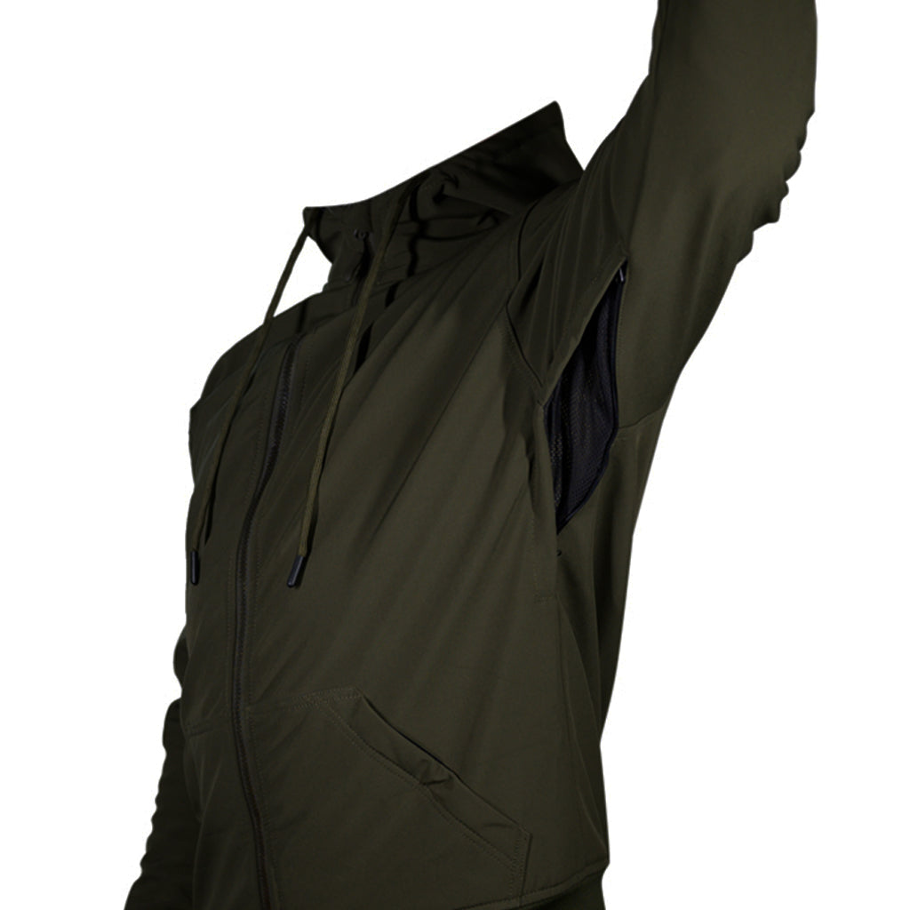 Armored jacket in green showing the functional airflow system under the arms when open