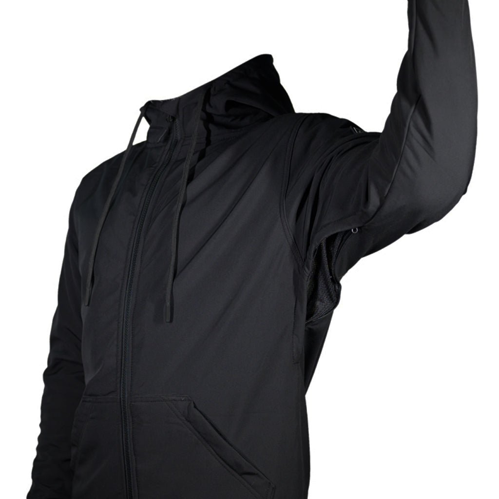Armored jacket in black showing the functional airflow system under the arms when open