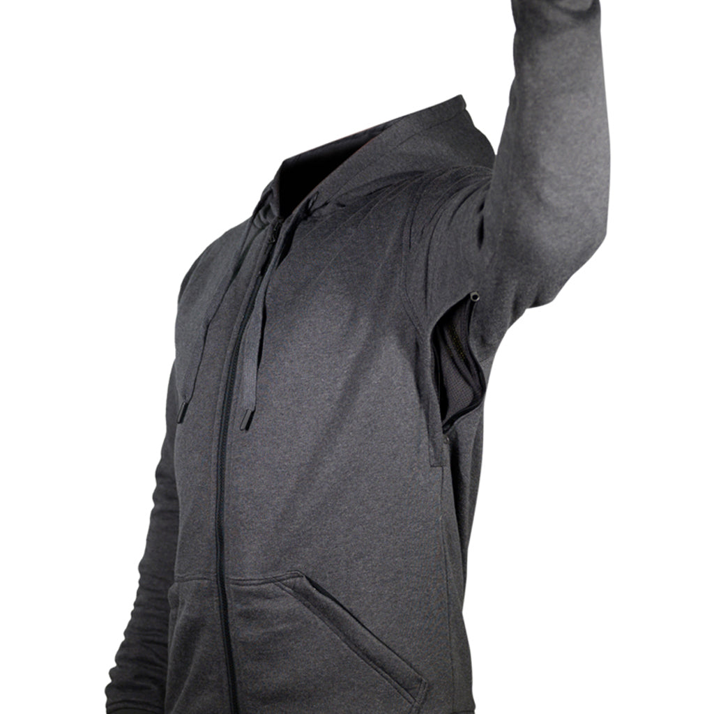 Armored hoodie in grey showing the functional airflow system under the arms when open