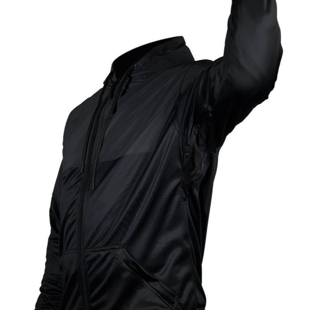 The armored reflective performance hoodie with the color black on black showing the airflow zipper under the arm